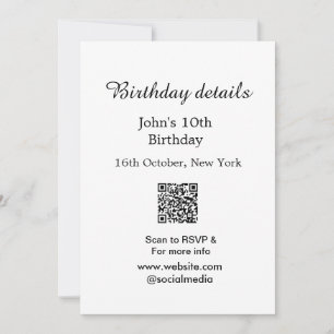 Birthday details 10th birthday scan QR websiteRSVP Invitation