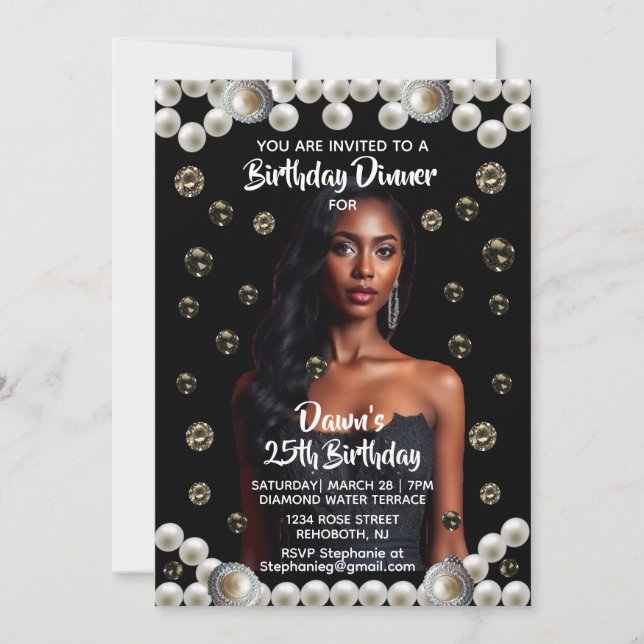 Birthday Dinner Black, Diamond, & Pearl Photo Invitation (Front)