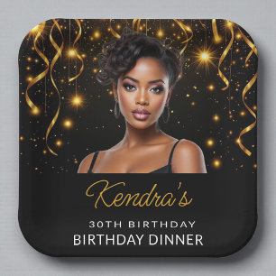 Birthday Dinner Gold and Black Photo Instagram  Paper Plate