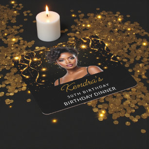 Birthday Dinner Gold and Black Photo Instagram  Square Paper Coaster