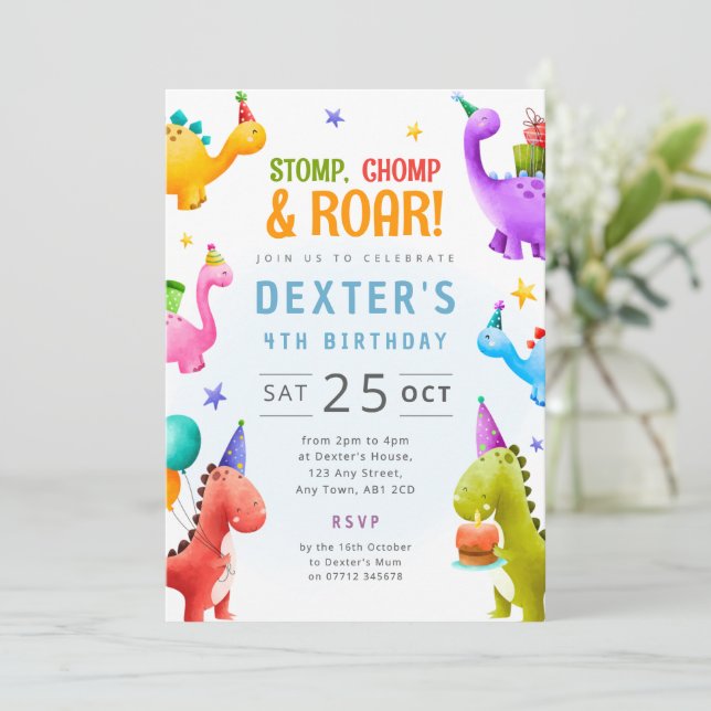 Birthday Dinos Invite Dinosaur Party Theme (Standing Front)
