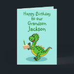 Birthday Dinosaur Grandson Folded Greeting Card<br><div class="desc">A cute card that you can personalize showing a slice of Birthday Cake and Candle and a cute dinosaur holding a slice of cake. Personalize the text and Name and the message inside can be added to,  or removed by following the "personalize this Template" prompt.</div>