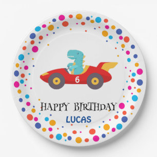 Birthday Dinosaur race car boy red racing kid name Paper Plate
