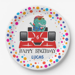 Birthday Dinosaur race car boy red racing kid name Paper Plate