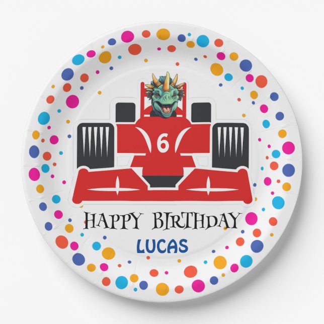 Birthday Dinosaur race car boy red racing kid name Paper Plate (Front)