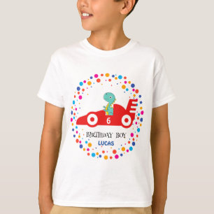 Birthday Dinosaur race car boy red racing kid name T-Shirt