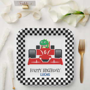 Birthday Dinosaur race car red boy kid name Paper Plate