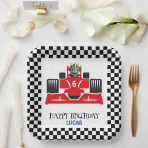 Birthday Dinosaur race car red boy kid name Paper Plate