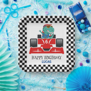 Birthday Dinosaur race car red boy kid name Paper Plate