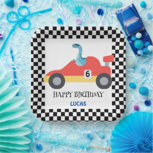 Birthday Dinosaur race car red boy kid name Paper Plate