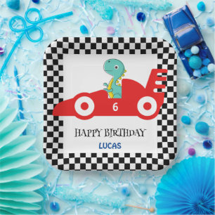 Birthday Dinosaur race car red boy kid name Paper Plate