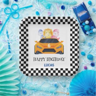 Birthday Dinosaur race car yellow boy kid name Paper Plate
