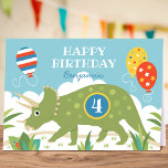 Birthday Dinosaur Triceratops Custom Name Age  Card<br><div class="desc">Say "Happy Birthday" with this cute personalized greetings card, featuring a Triceratops dinosaur, birthday balloons and a friendly bug hiding in the leaves! Comes in a colourful palette of greens, yellow, red, blues and orange, with a fun freeform polka dot pattern on the sides. ♦ To add your custom name,...</div>