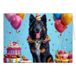 Birthday dog with cake and balloons