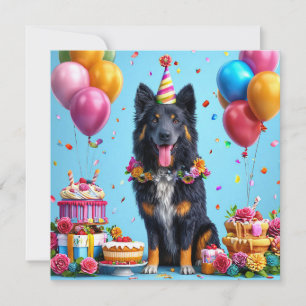 Birthday dog with cake and balloons