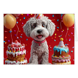 Birthday dog with cake and balloons