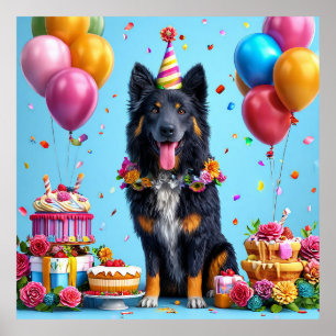 Birthday dog with cake and balloons poster
