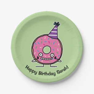Birthday Doughnut pink icing sprinkles party hat Paper Plate