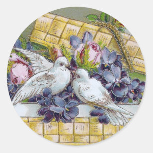 Birthday Dove and Basket Vintage Postcard Classic Round Sticker