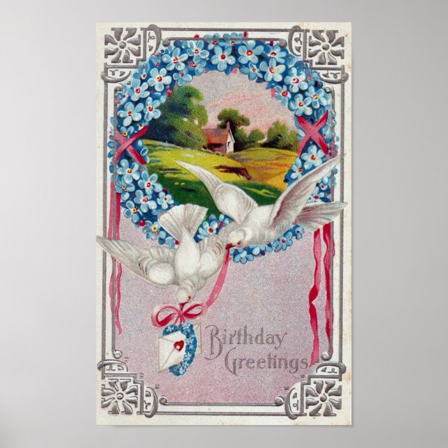 Birthday Doves Postmarked 1910 Poster (Front)