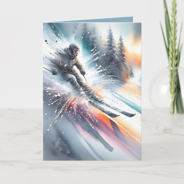 Birthday Downhill Skier Watercolor Holiday Card (Front)