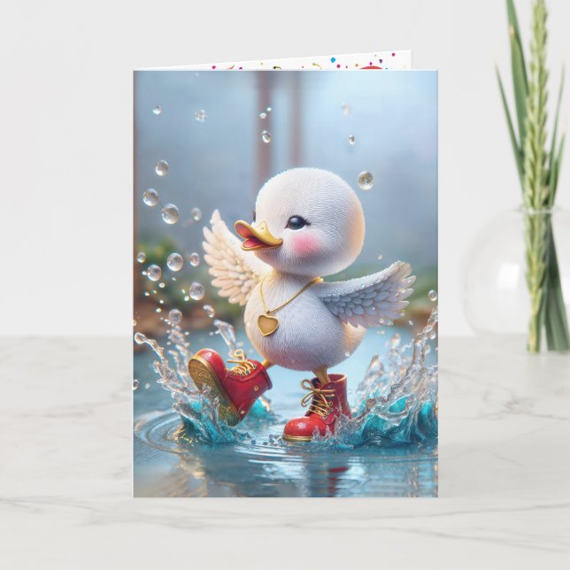 Birthday Duck Dancing In a Rain Puddle Card (Front)