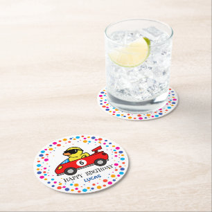 Birthday DUCK race car boy red racing kid name Round Paper Coaster