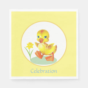Birthday Duckling with Flower on Yellow & White Napkin