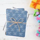 Birthday dusty blue white name wrapping paper sheet<br><div class="desc">Elegant,  trendy party wrapping paper sheets. 2 sheets with dusty blue backgrounds,  white text. One sheet with white background and blue text.
Personalize and add a name and age.</div>