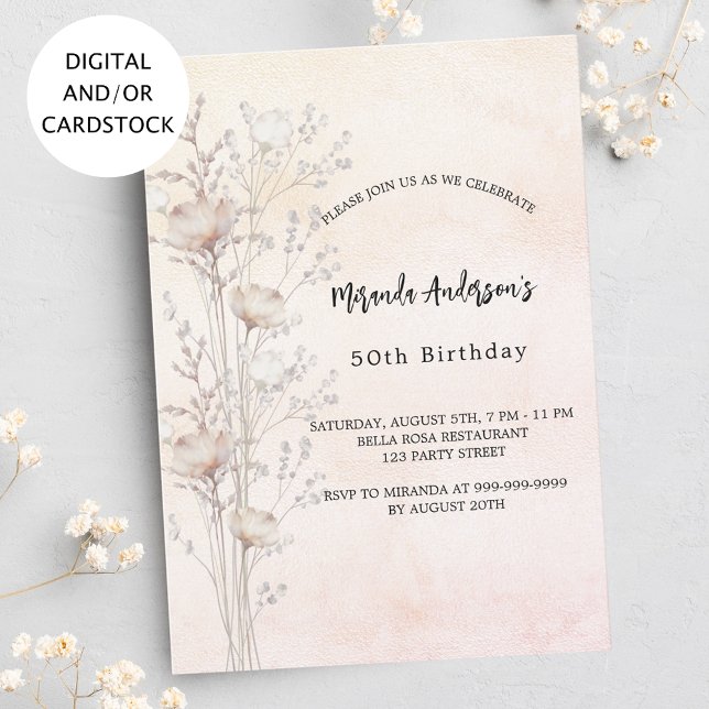 Birthday dusty cream wildflowers pink invitation (Creator Uploaded)