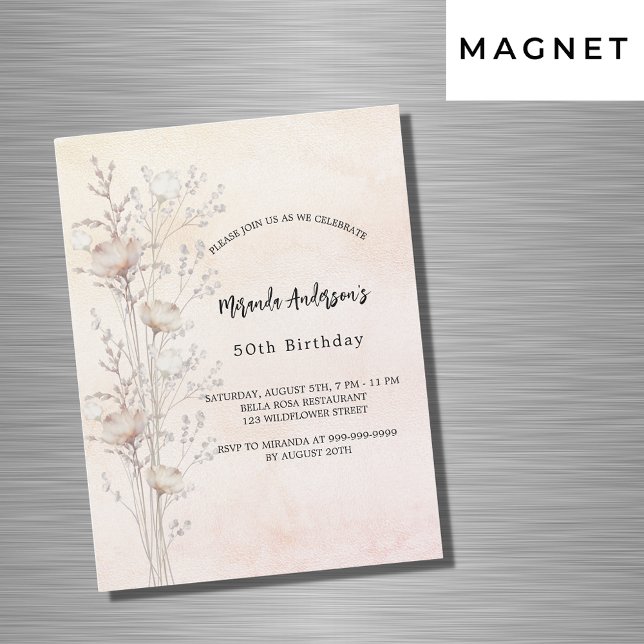 Birthday dusty cream wildflowers pink luxury magnetic invitation (Creator Uploaded)