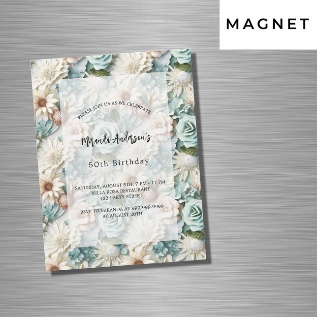 Birthday dusty green white floral luxury magnetic invitation (Creator Uploaded)