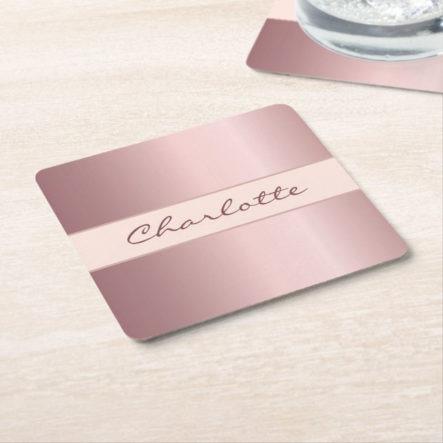 Birthday dusty rose pink rose gold monogram  square paper coaster (Angled)