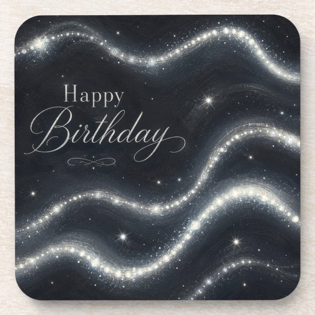 Birthday Elegant Black Silver Diamond Waves Coaster (Front)