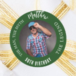 Birthday emerald green photo man myth legend classic round sticker<br><div class="desc">A emerald green background.   Text: The Man,  The Myth,  The Legend. Personalize and add his name,  age and photo.</div>
