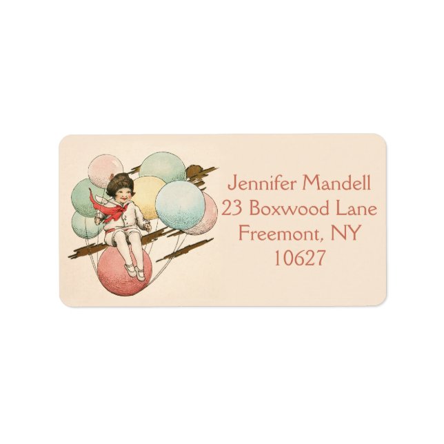 Birthday envelope label with girl on balloons (Front)
