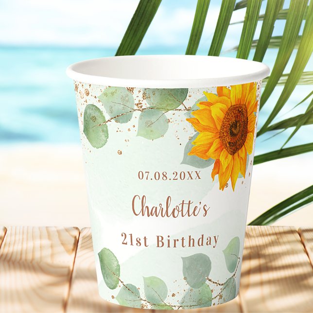 Birthday eucalyptus glitter sunflower monogram  paper cups (Creator Uploaded)