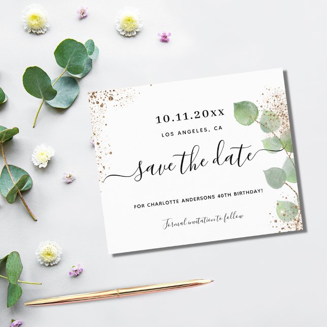 Birthday eucalyptus gold budget save the date (Creator Uploaded)