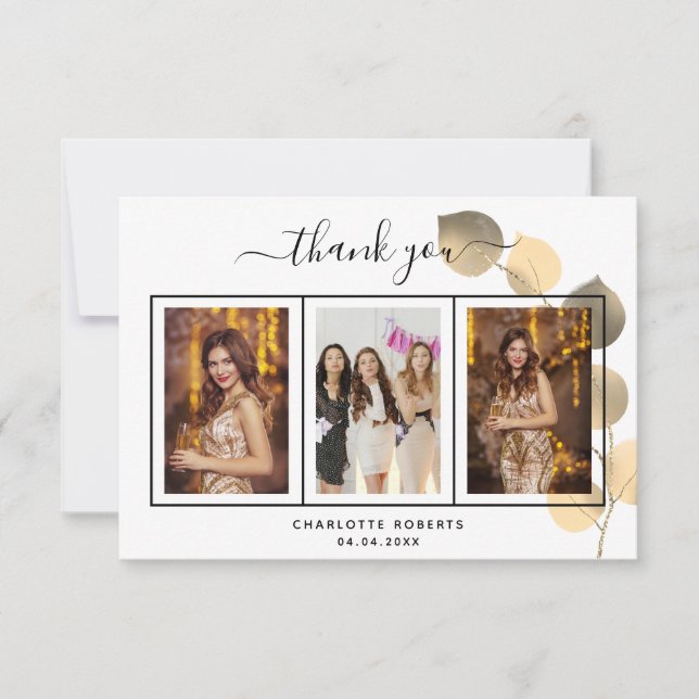Birthday eucalyptus gold photo thank you card (Front)
