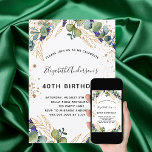 Birthday eucalyptus greenery glitter invitation<br><div class="desc">For a 40th (or any age) birthday party. A white background decorated with eucalyptus greenery and golden leaves. Decorated with faux golden glitter dots. Personalize and add your names and wedding details. Black and golden coloured letters.
Back: white background.</div>