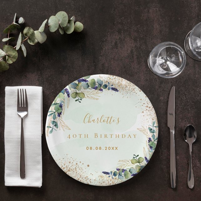 Birthday eucalyptus greenery glitter monogram paper plate (Creator Uploaded)