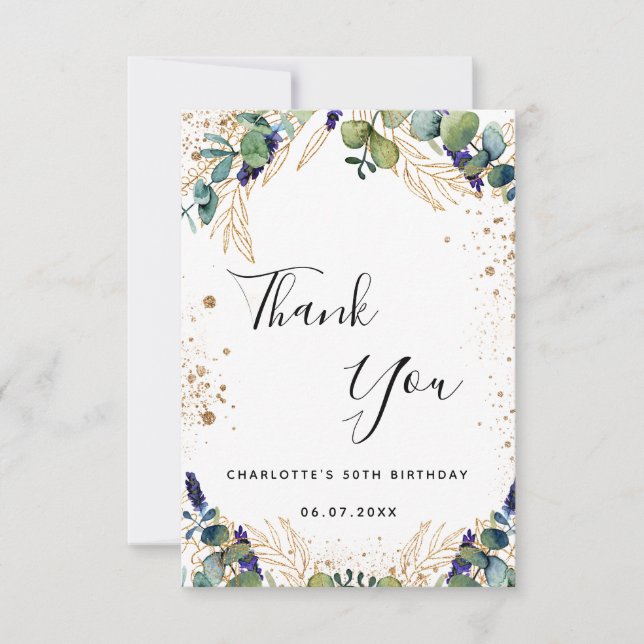 Birthday eucalyptus greenery glitter script thank you card (Front)