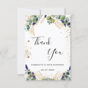 Birthday eucalyptus greenery glitter script thank you card