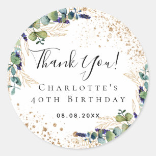 Birthday eucalyptus greenery glitter thank you classic round sticker