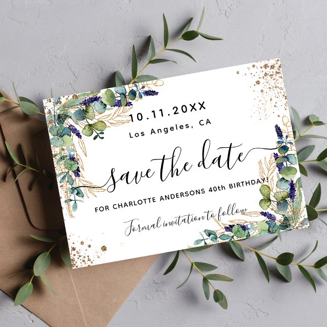 Birthday eucalyptus greenery gold elegant save the date (Creator Uploaded)