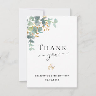 Birthday eucalyptus greenery gold elegant script thank you card