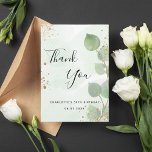 Birthday eucalyptus greenery gold glitter sparkles thank you card<br><div class="desc">A thank you card for a 50th (or any age) birthday. A green watercolored background decorated with eucalyptus greenery and faux gold glitter dust. On front large black coloured hand lettered script and the text: Thank You, your text, title and a date. Back: Personalize and add Your thank you note...</div>
