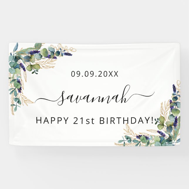 Birthday eucalyptus greenery gold monogram  banner (Horizontal)