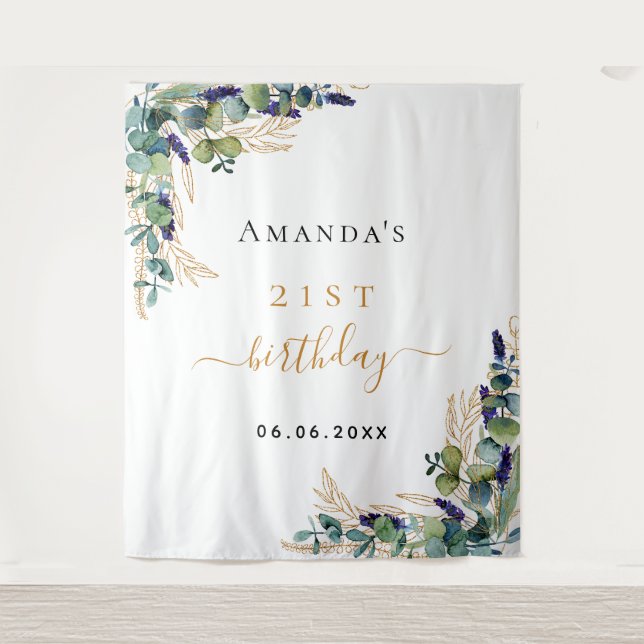 Birthday eucalyptus greenery gold monogram  tapestry (Front)