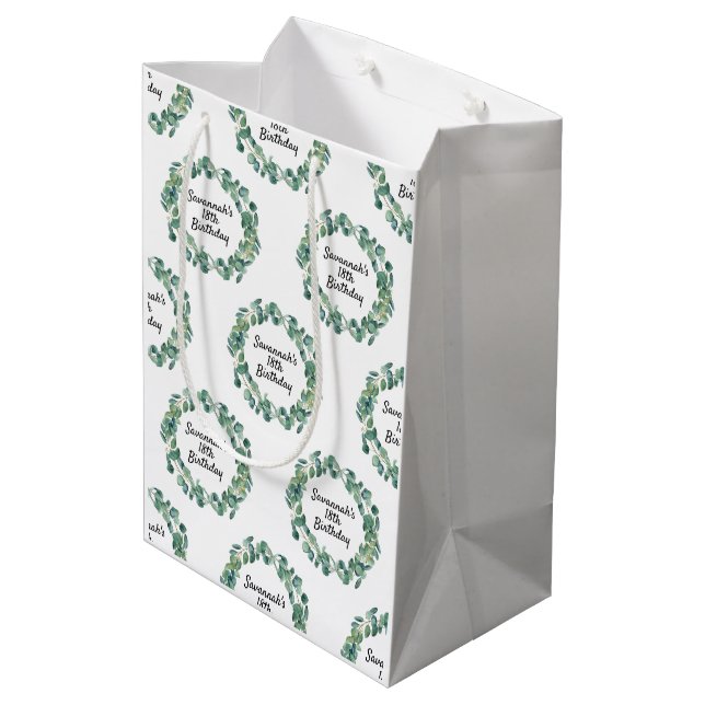 Birthday eucalyptus greenery name script medium gift bag (Back Angled)